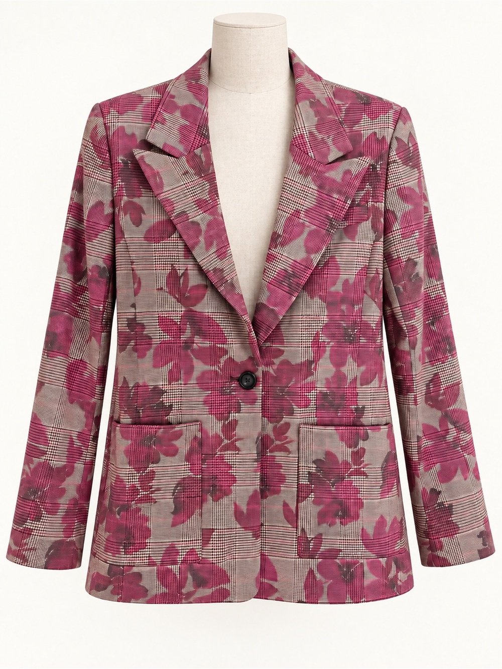 Isaac Mizrahi Pink Floral Plaid Single-Button Blazer
